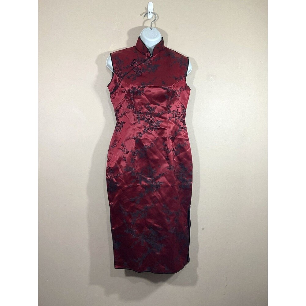 VTG Cheongsam Asian Style Floral Sheath Dress Womens 4 Red 90s Goth Grunge